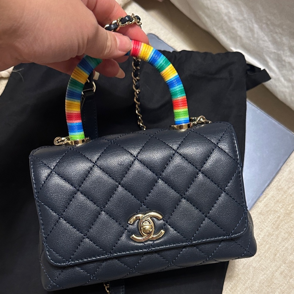 Chanel Black Quilted Mini Bag with Colorful Handle